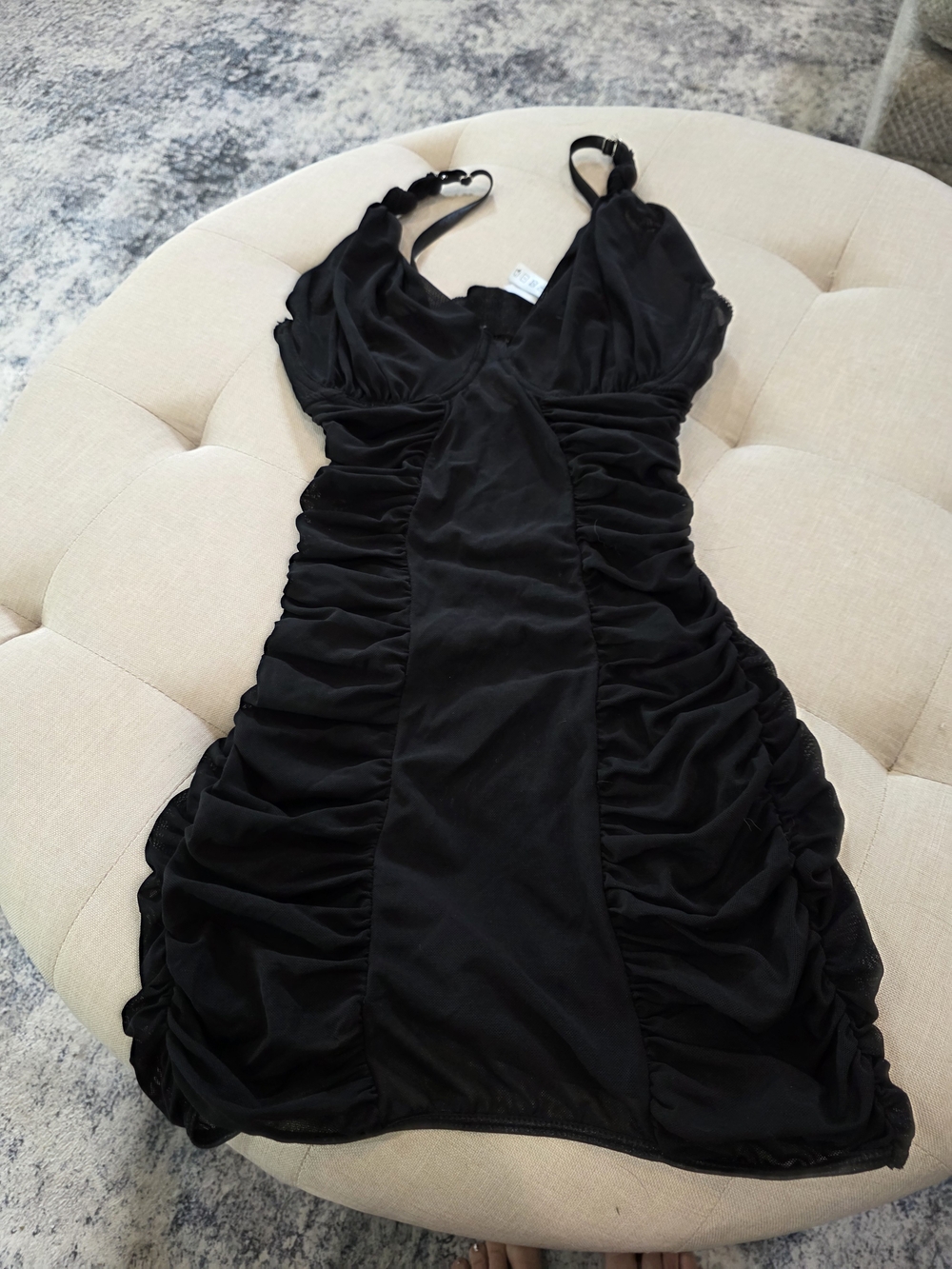 Ruched Black V-Neck Chemise with Adjustable Straps